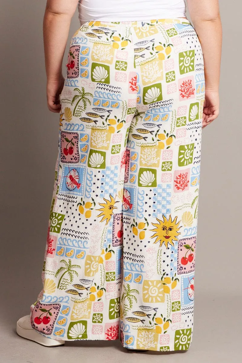 Double Stitched Seams Classic Fit Multi Abstract Drawstring Waist Linen Blend Pants