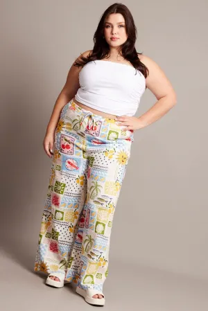 LightweightWeave Multi Abstract Drawstring Waist Linen Blend Pants