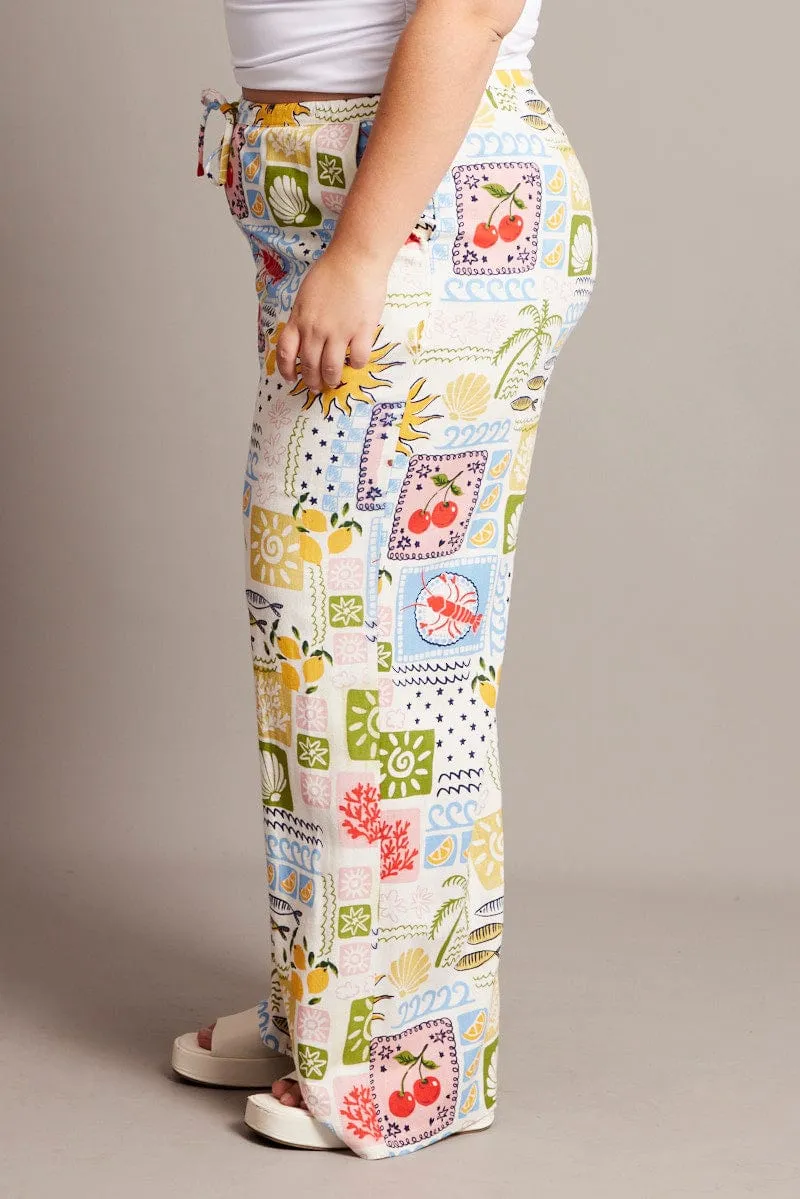 Non Irritating Seams Multi Abstract Drawstring Waist Linen Blend Pants