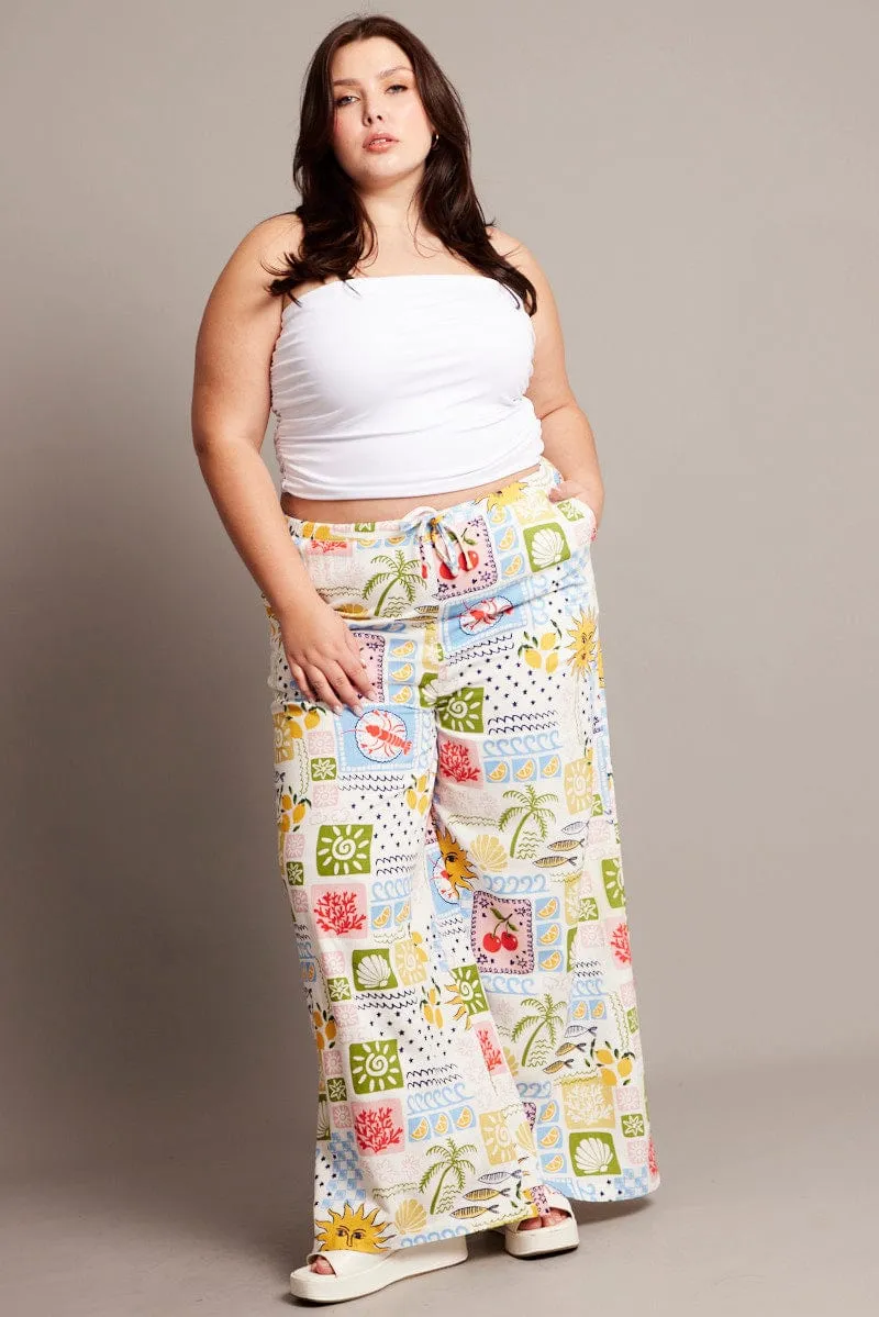 Slim Comfort Comfort waistband Multi Abstract Drawstring Waist Linen Blend Pants