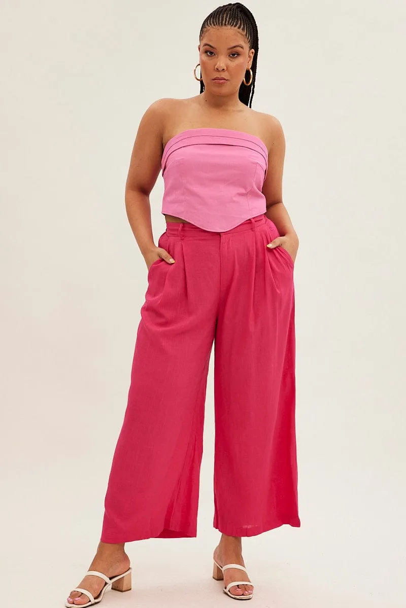 Pink Wide Leg Pants High Rise Linen Blend Seamless construction Seamless Waistband