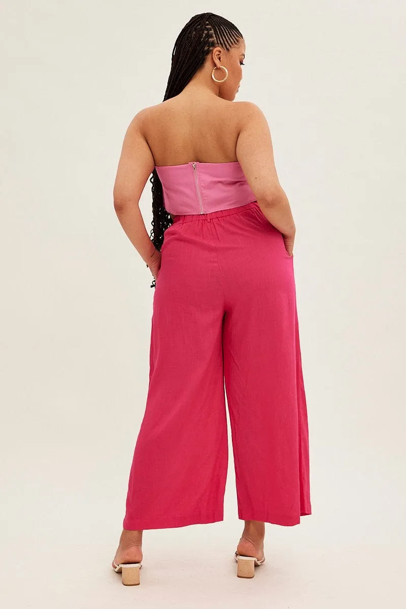 Pink Wide Leg Pants High Rise Linen Blend Casual Comfort Fit