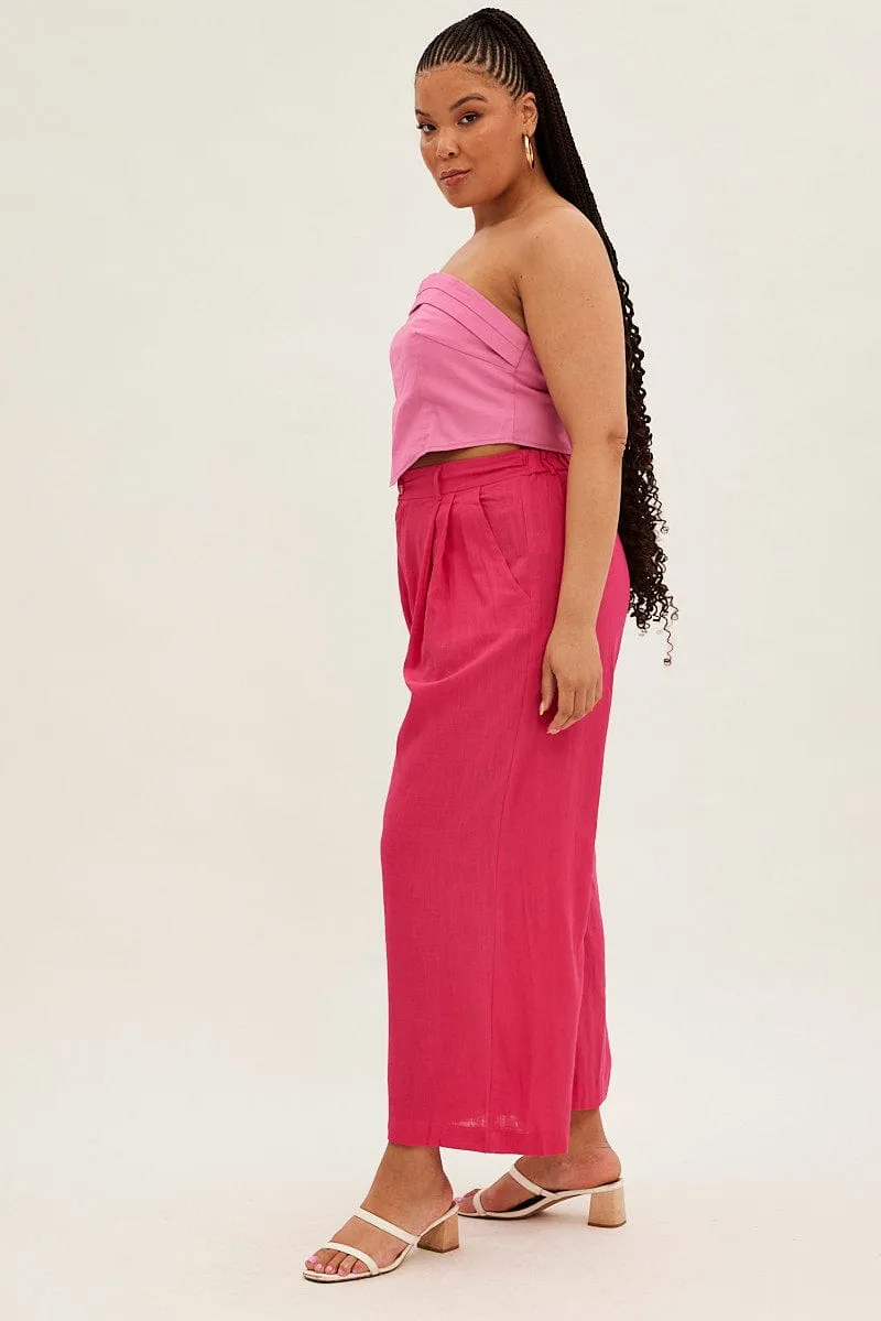 Trendy Look Pink Wide Leg Pants High Rise Linen Blend