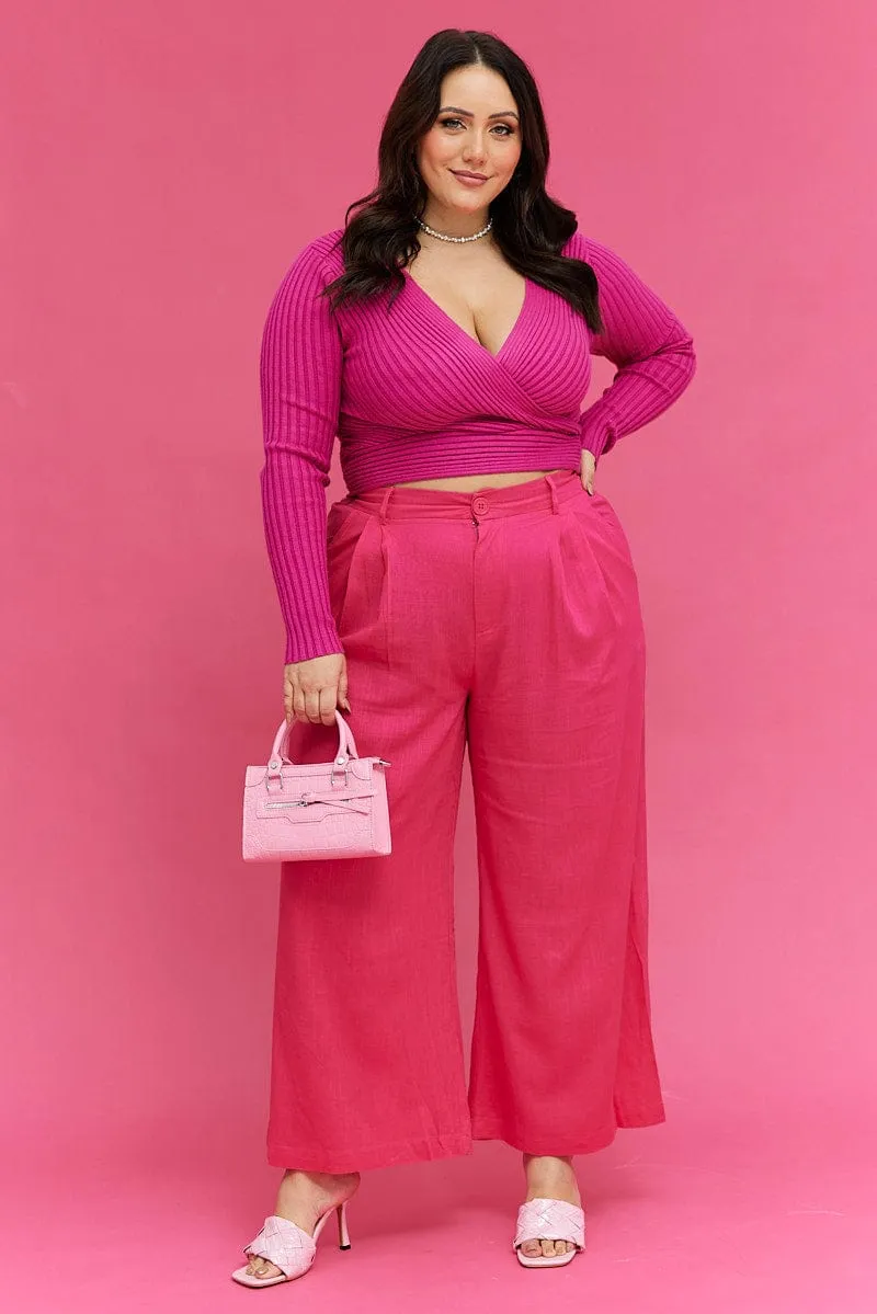 Pink Wide Leg Pants High Rise Linen Blend Chilly Day Layers Chic Wear