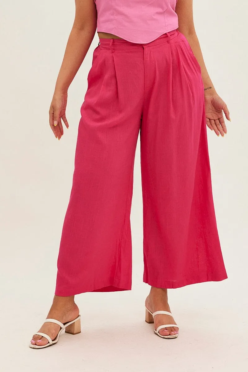 Flexible Material Pink Wide Leg Pants High Rise Linen Blend