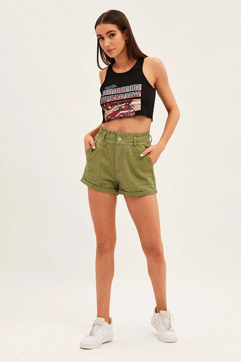 Easy Wear Black Tank Top Vintage Race Car Crop Raw Hem