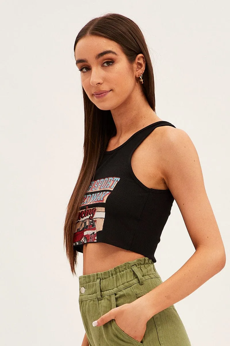 Adjustable Waistband Epic Core Black Tank Top Vintage Race Car Crop Raw Hem