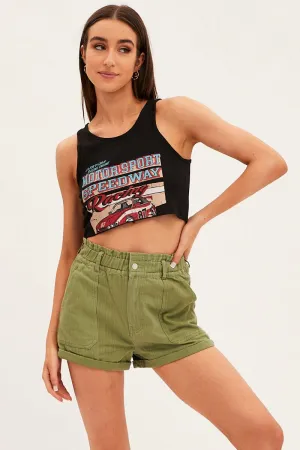 CompactWeave Comfort Design Black Tank Top Vintage Race Car Crop Raw Hem