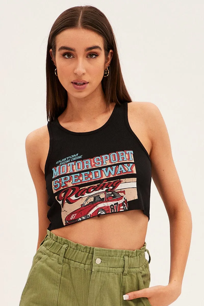 Black Tank Top Vintage Race Car Crop Raw Hem LayeredPanels MoistureWicking Technology