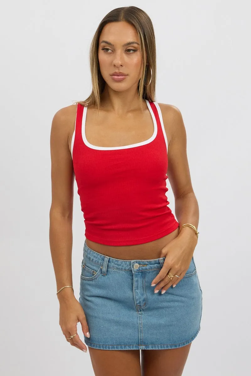 Stylish Look Sheer Glow Red Tank Top Sleeveless Contrast Trim