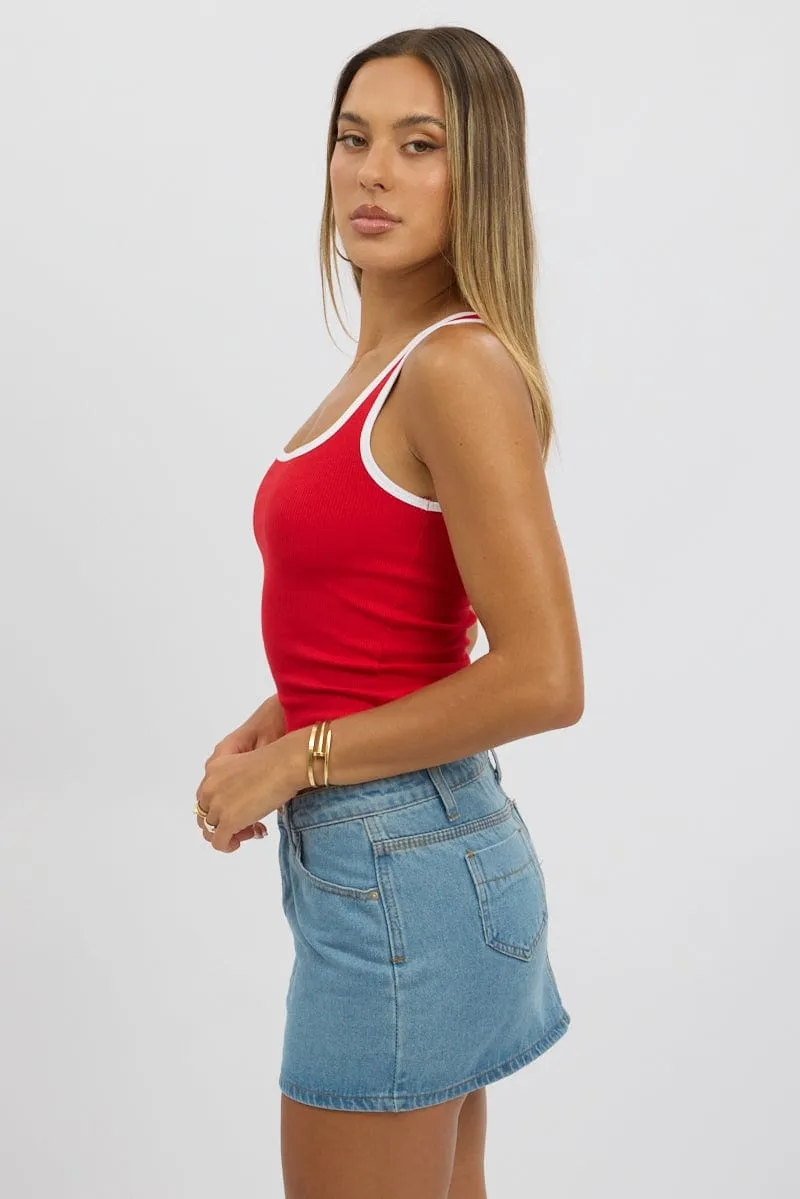 ElasticCuffDesign Elegant Layer Red Tank Top Sleeveless Contrast Trim
