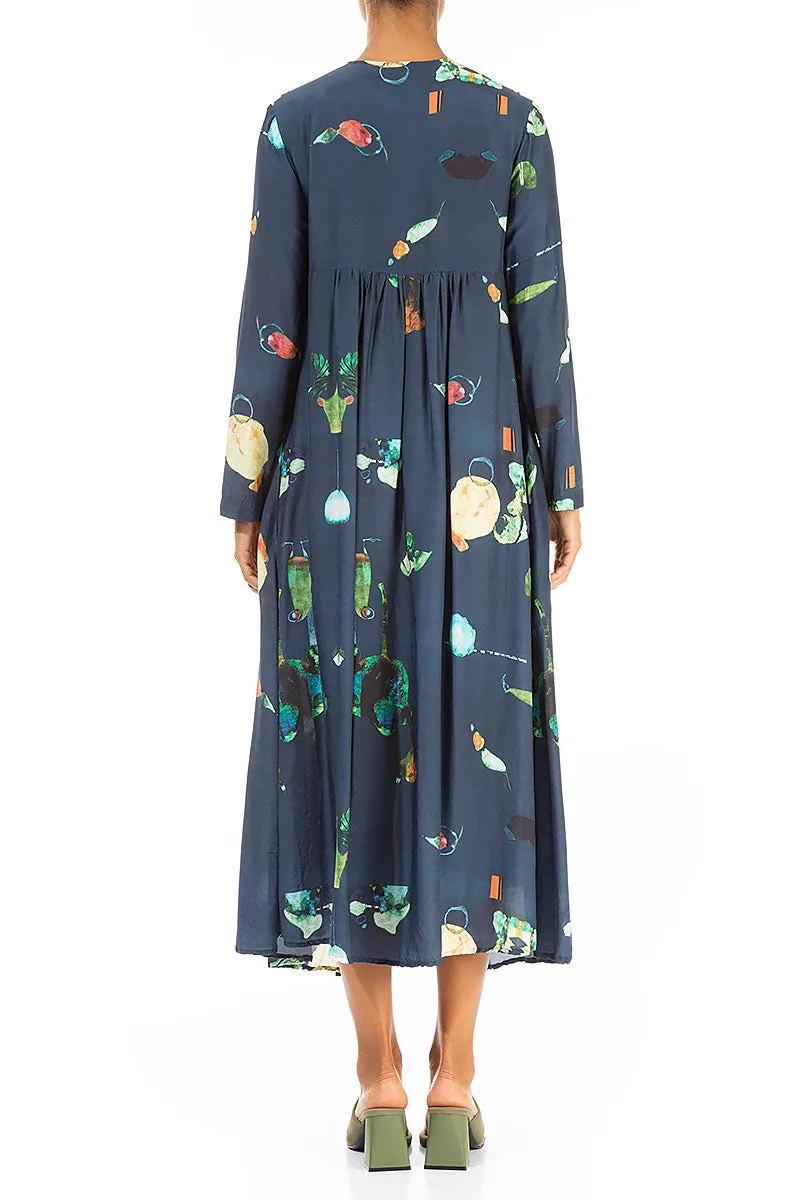 Front Tucks FairyTale Print Silk Bamboo Dress Stream Fit