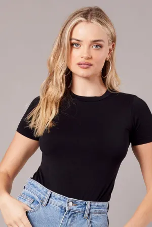 Black Bodysuit Short Sleeve Crew Neck Seamless Effortless Style Inner Glow