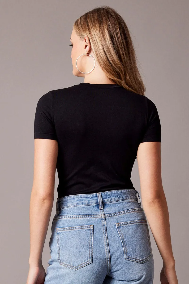 Black Bodysuit Short Sleeve Crew Neck Seamless Wrinklefree