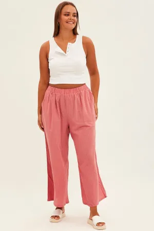 No Iron Pink Wideleg Pants Cotton Elastic Waist Relaxed Fit