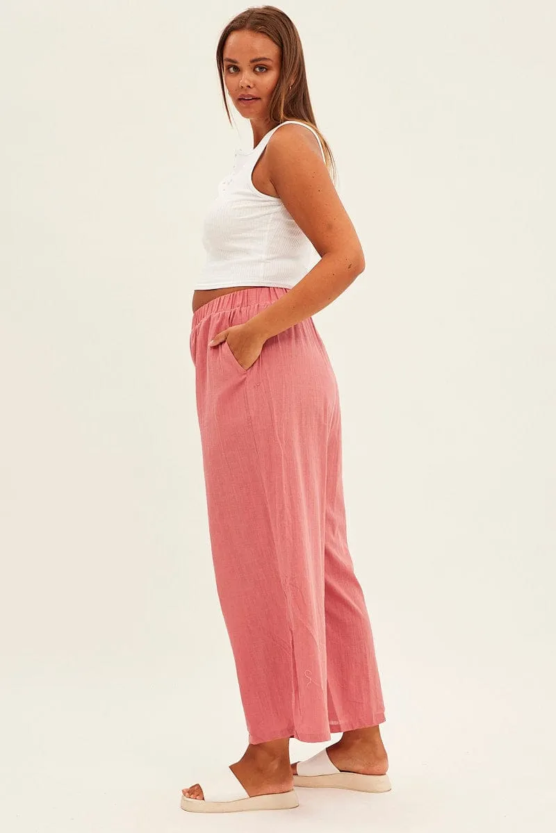 Breathable Wearable NonRestrictiveCut Pink Wideleg Pants Cotton Elastic Waist Relaxed Fit