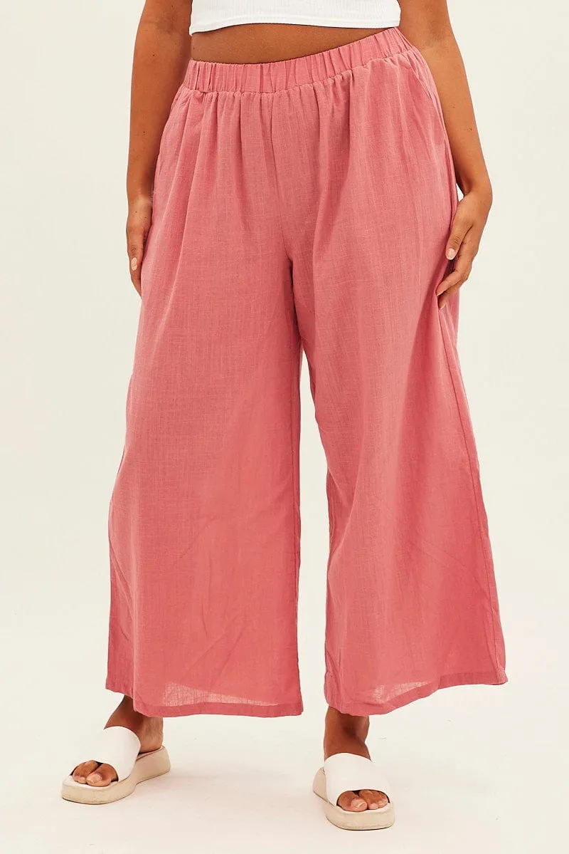 Non Restrictive Cut Pink Wideleg Pants Cotton Elastic Waist Relaxed Fit