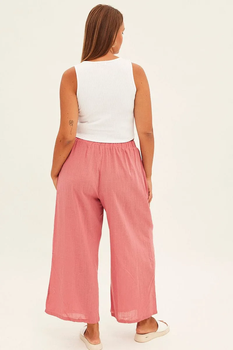 Chic casual Pink Wideleg Pants Cotton Elastic Waist Relaxed Fit