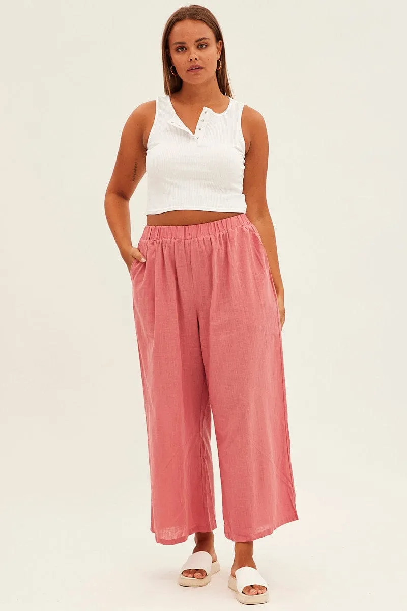 Pink Wideleg Pants Cotton Elastic Waist Relaxed Fit Versatile Design ElasticWaistband