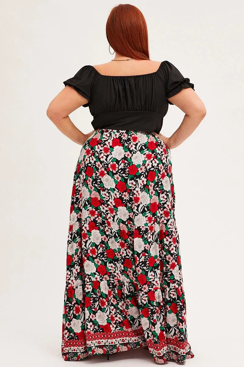 Black Boho Maxi Skirt High Waist Tiered Embossed Detail