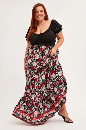 Black Boho Maxi Skirt High Waist Tiered Modest Wear