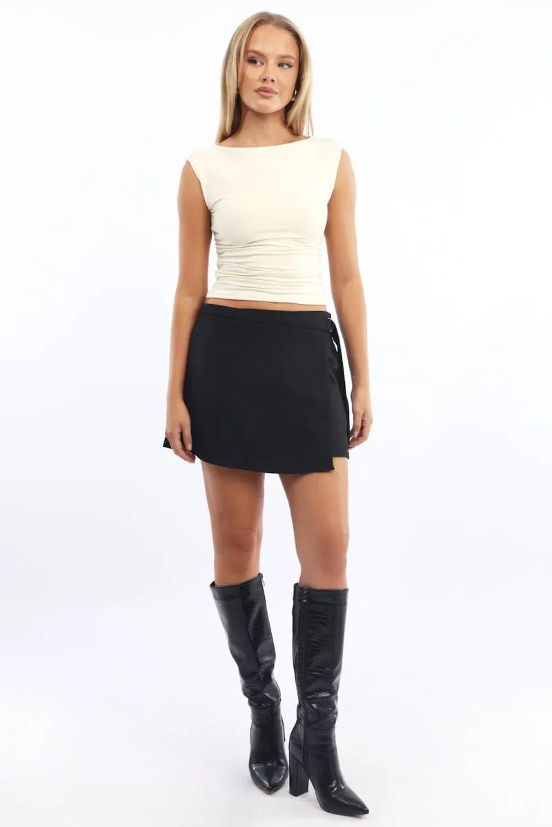 Black Mini Skort Skirt High Waisted Buckle Detail Twist Knot Details