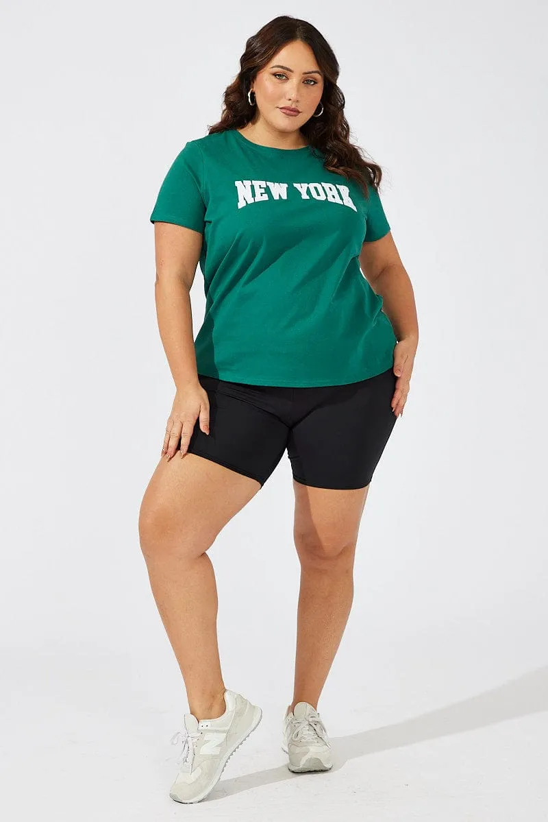 Outdoor Leisure Green Graphic T-shirt Short Sleeve Crew Neck New York