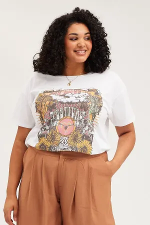 Subtle Embroidery TaglessDesign White Graphic T-shirt Festival Side Split Short Sleeve