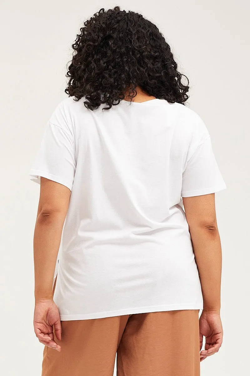 Casual Everyday soft look White Graphic T-shirt Festival Side Split Short Sleeve