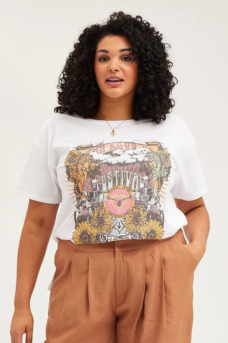 Everyday Layering Simple Wear White Graphic T-shirt Festival Side Split Short Sleeve
