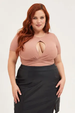 Brown Jersey Bodysuit Keyhole Detail Short Sleeve Street Edge