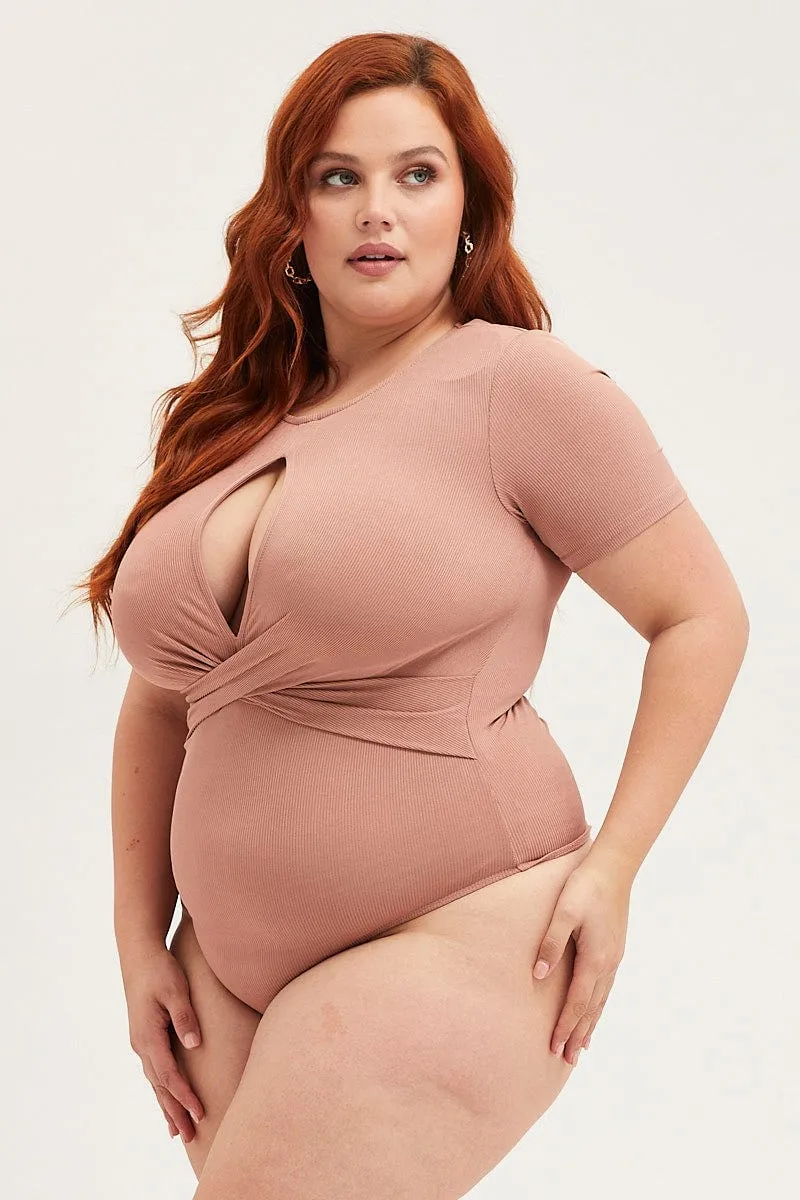 Tech Mood Brown Jersey Bodysuit Keyhole Detail Short Sleeve