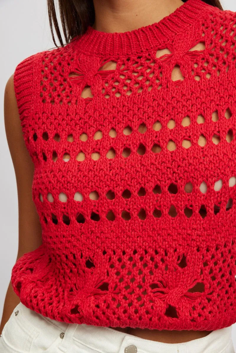 Red Crochet Knit Tank Top Simple Wear