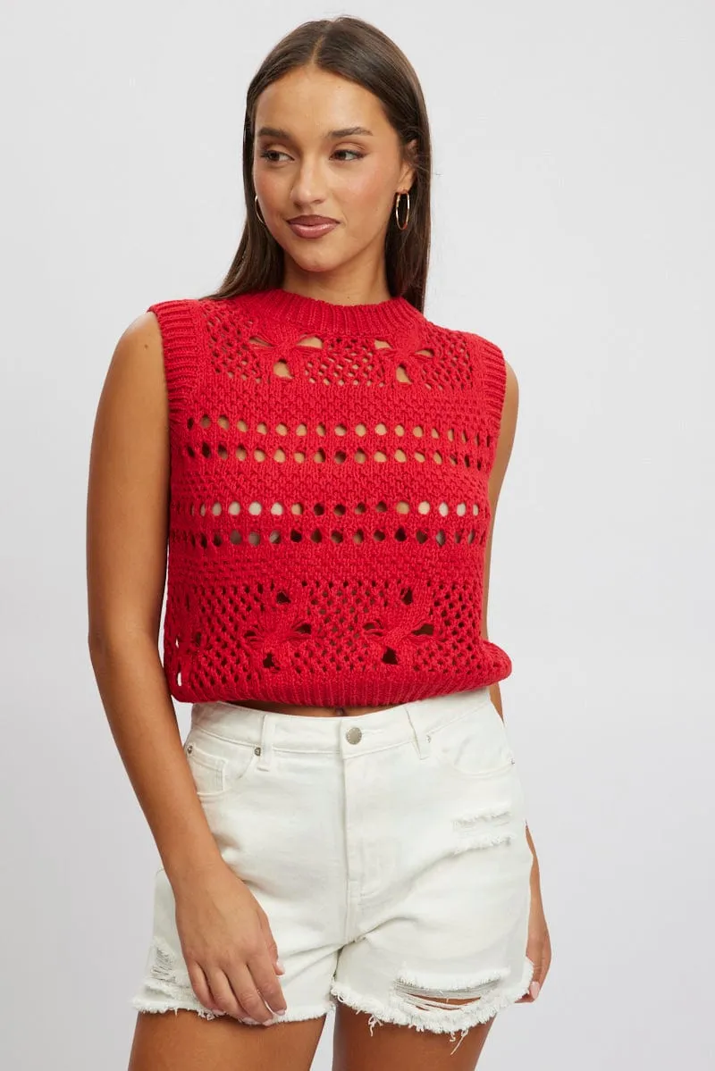 Red Crochet Knit Tank Top Thermal Insulation