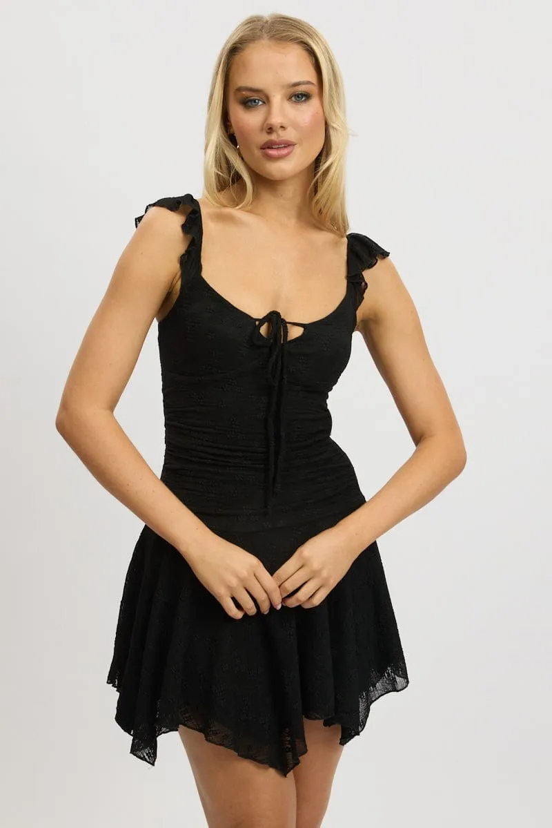 NonRestrictive Fit Black A-Line Dress Frilled Sleeve Mini Lace