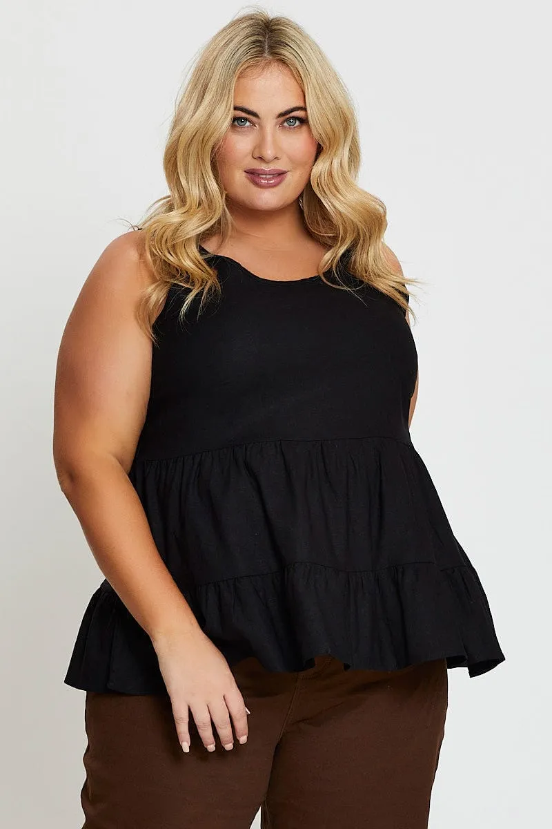 SoftLining Street Wear Black Tiered Top Sleeveless Linen Blend