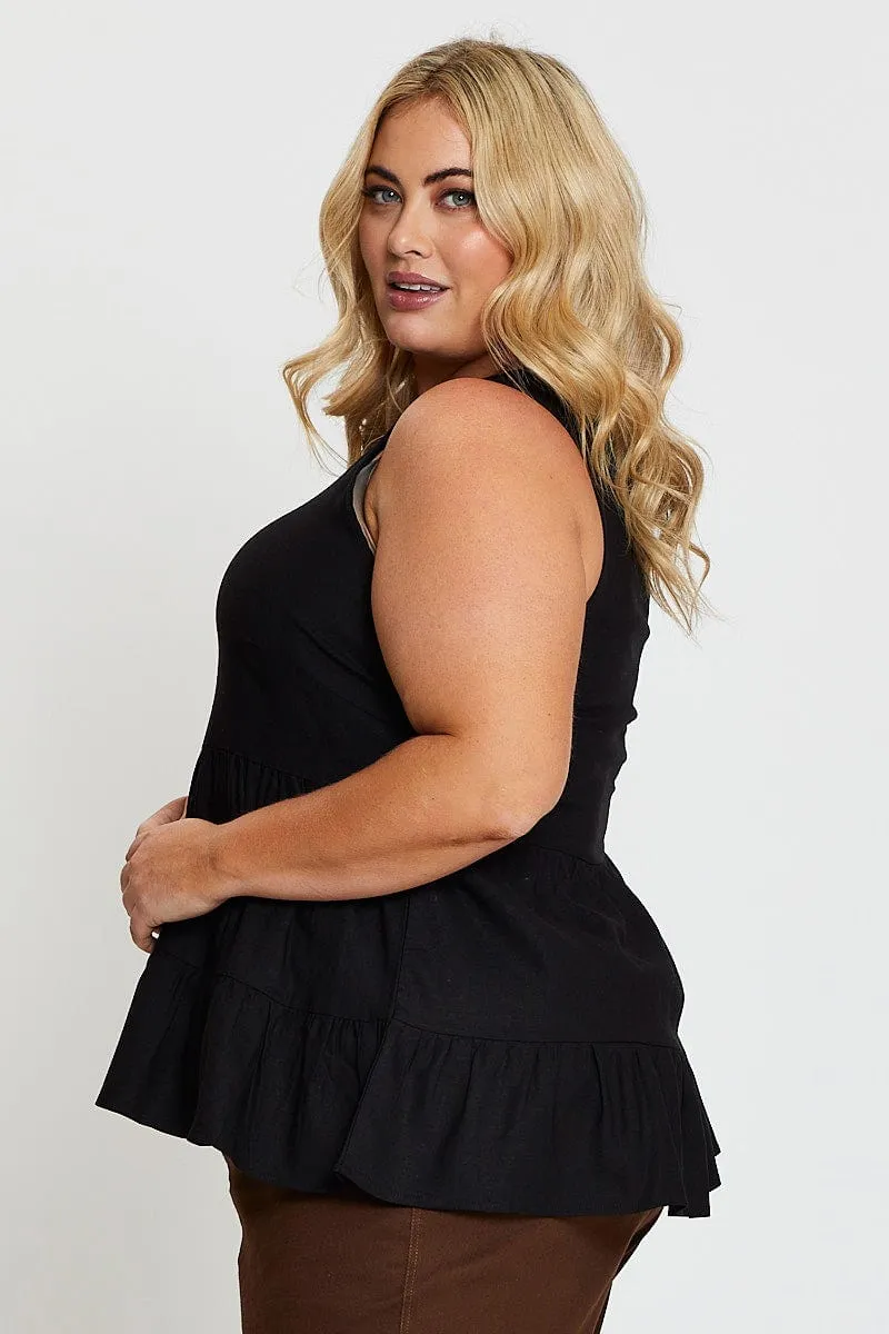 Hike Fit Black Tiered Top Sleeveless Linen Blend