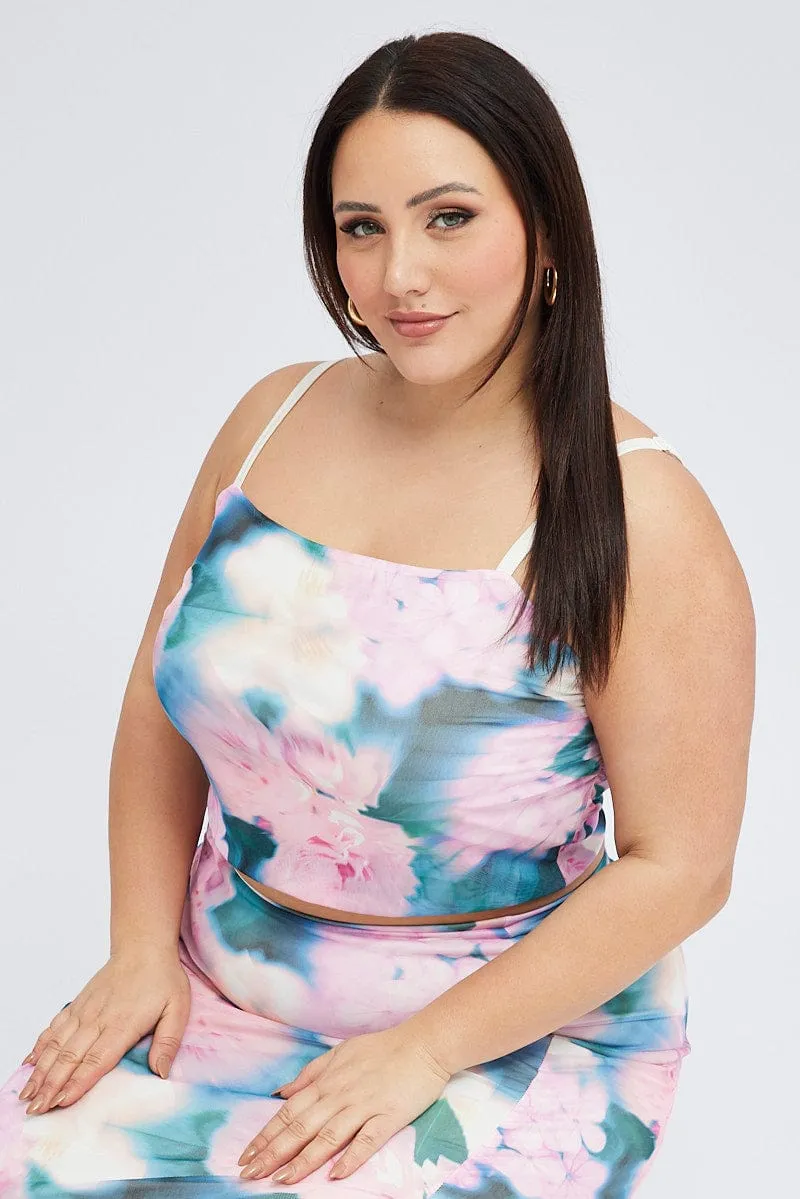 Creative Flow Pink Floral Cami Top Stretch Mesh