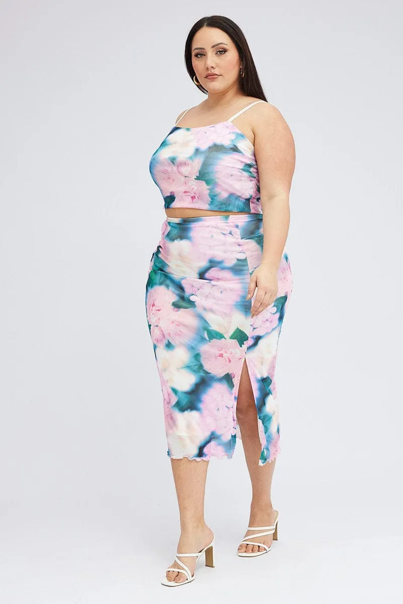 Light Sweatshirt Pink Floral Cami Top Stretch Mesh