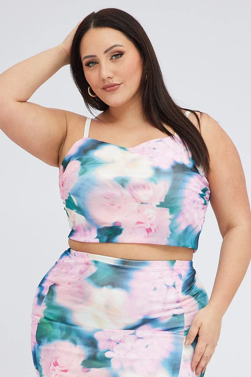 Pink Floral Cami Top Stretch Mesh Active clothing