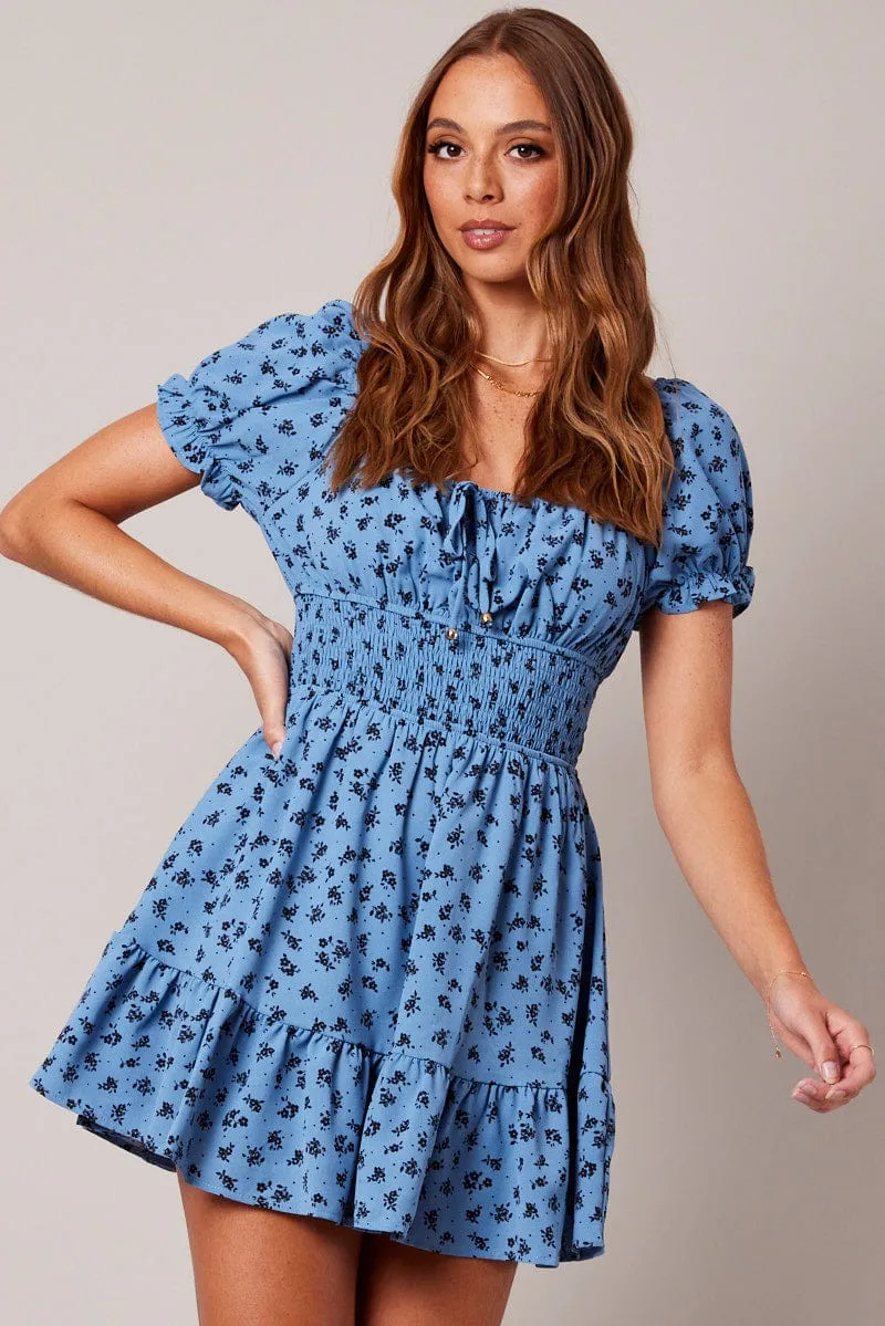 Stylish Shoes Comfy Wear Blue Floral Fit And Flare Dress Puff Sleeve Mini Floral print