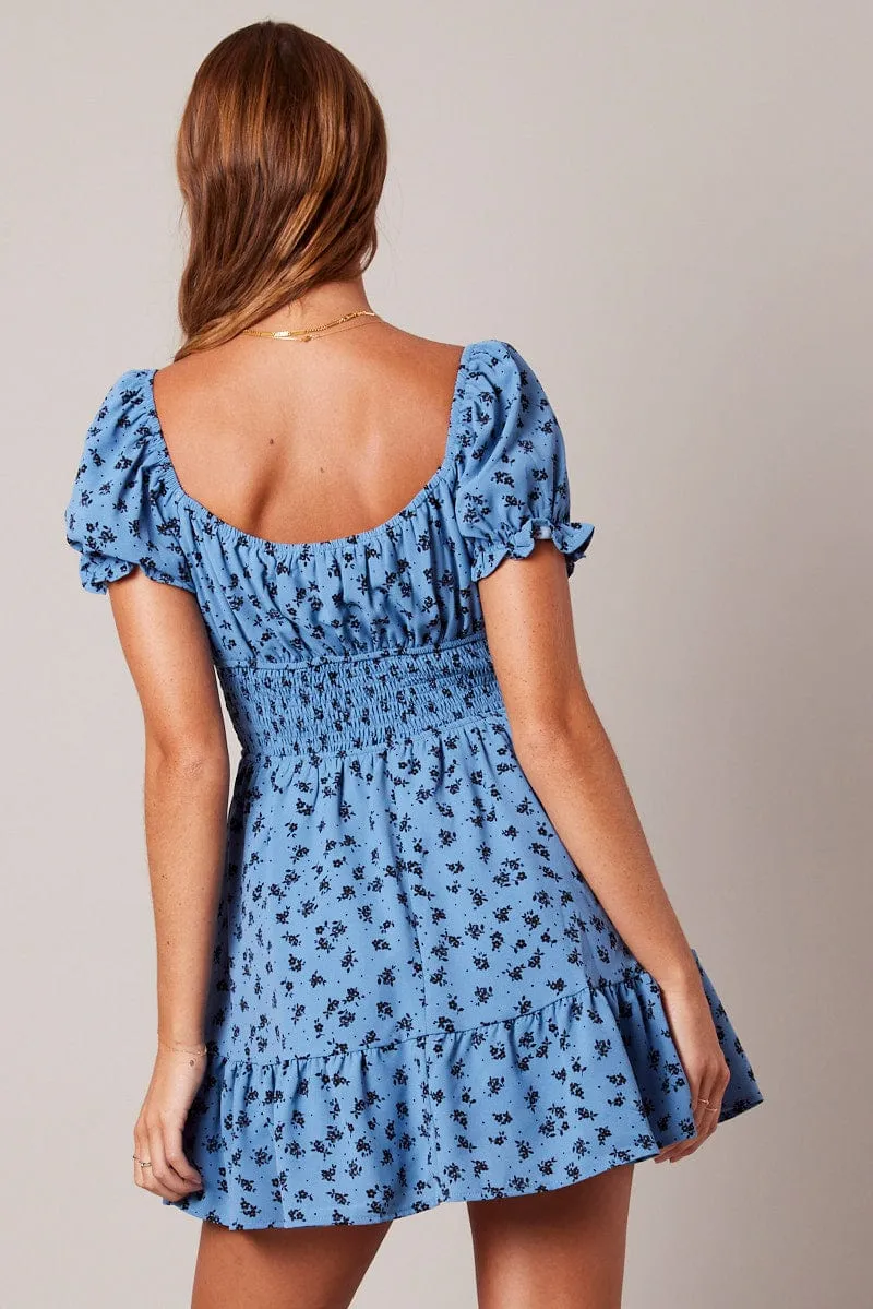Neo Mode Blue Floral Fit And Flare Dress Puff Sleeve Mini Floral print