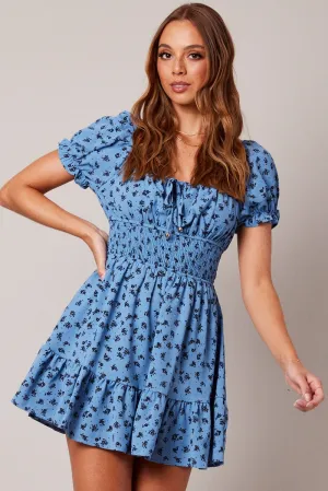 Stylish Shoes Comfy Wear Blue Floral Fit And Flare Dress Puff Sleeve Mini Floral print