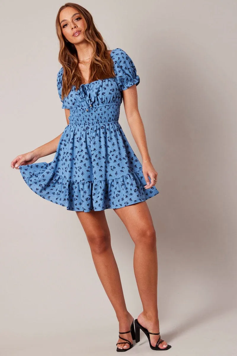 Blue Floral Fit And Flare Dress Puff Sleeve Mini Floral print Elegant Pants
