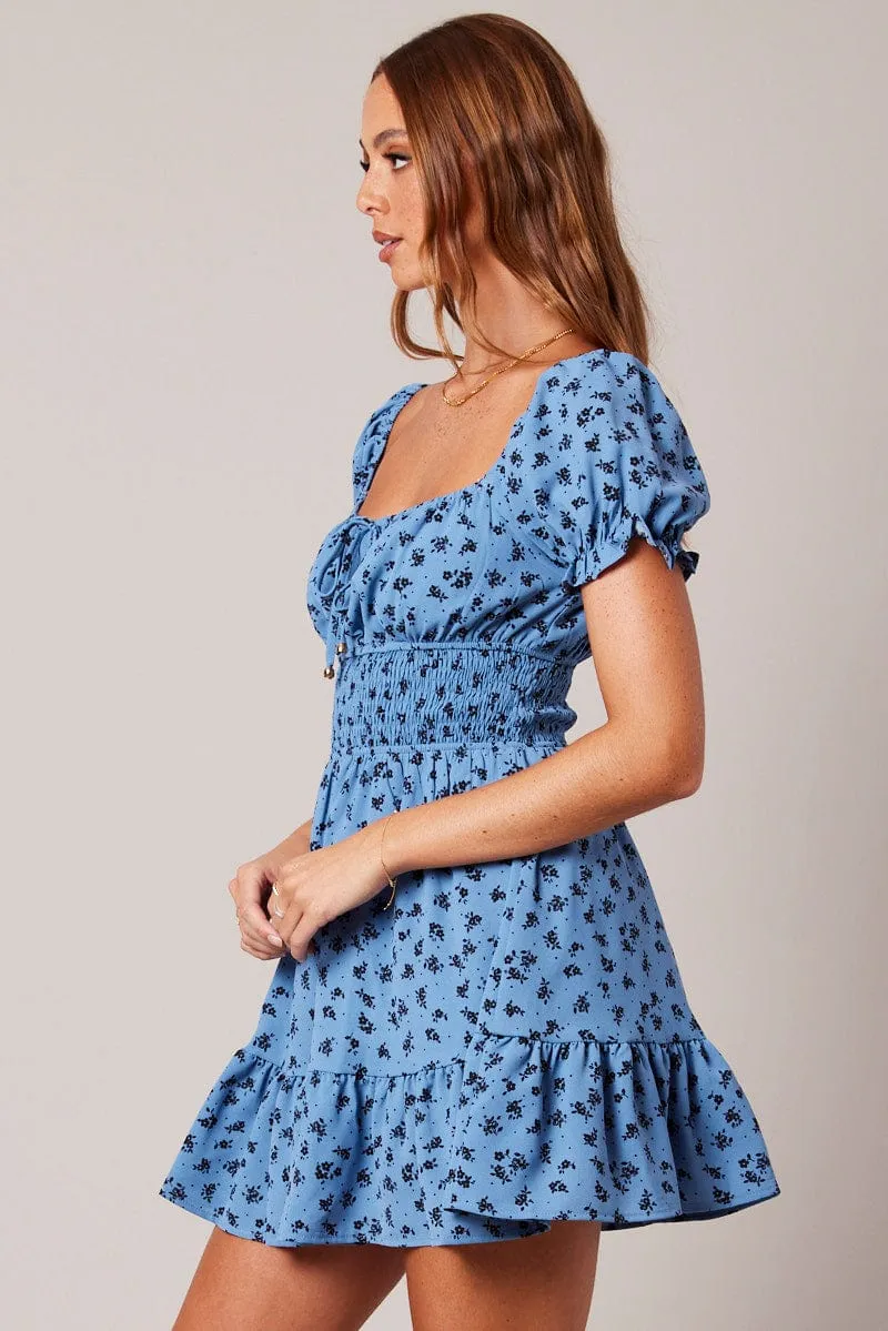Downtown Cool Blue Floral Fit And Flare Dress Puff Sleeve Mini Floral print