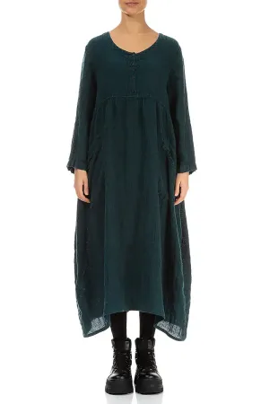 Buttoned Peacock M??lange Linen Dress FlexibleWaistband UltraSoft Texture
