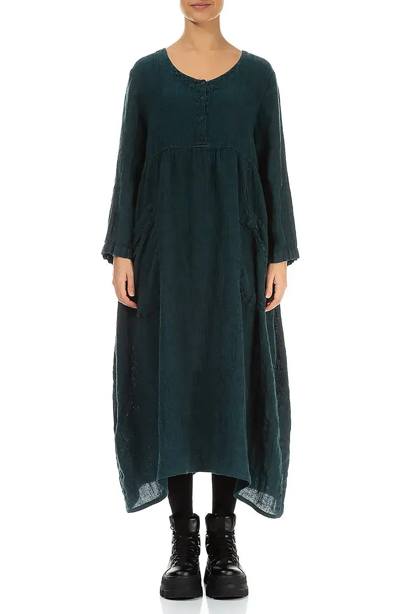 Buttoned Peacock M??lange Linen Dress FlexibleWaistband UltraSoft Texture