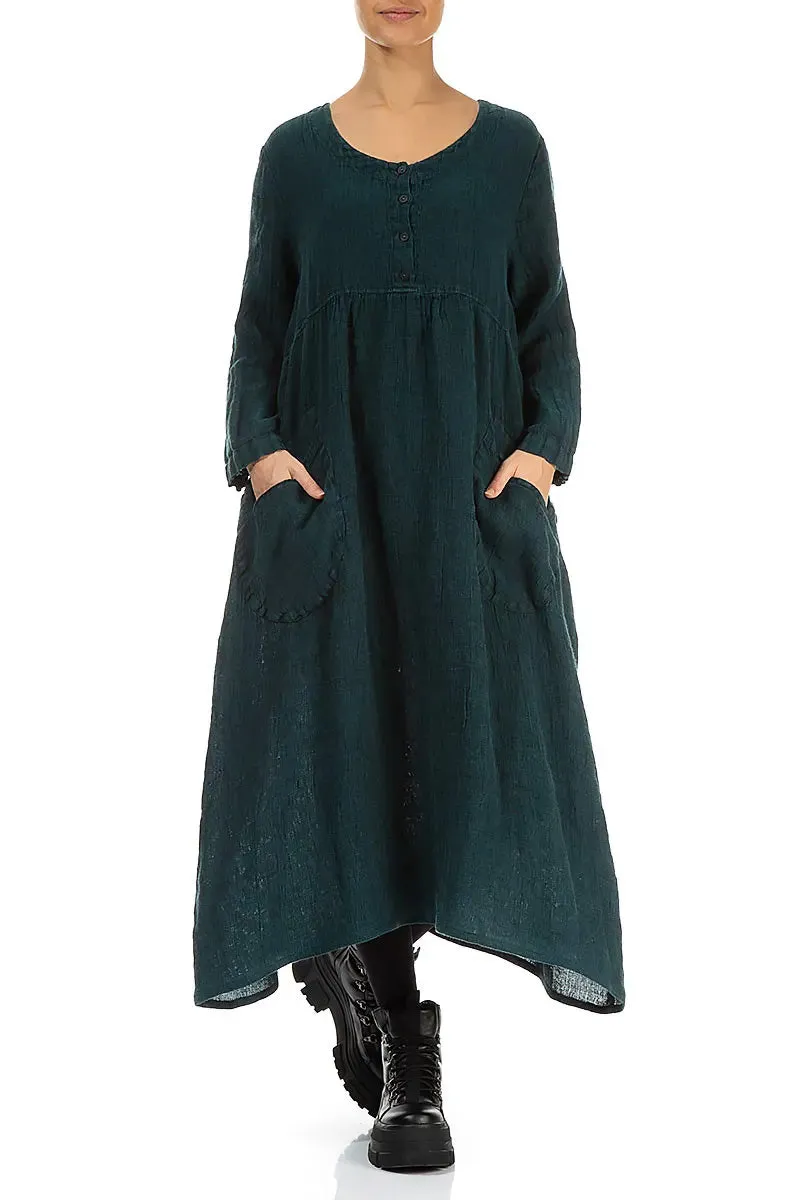 Matte Tone Buttoned Peacock M??lange Linen Dress