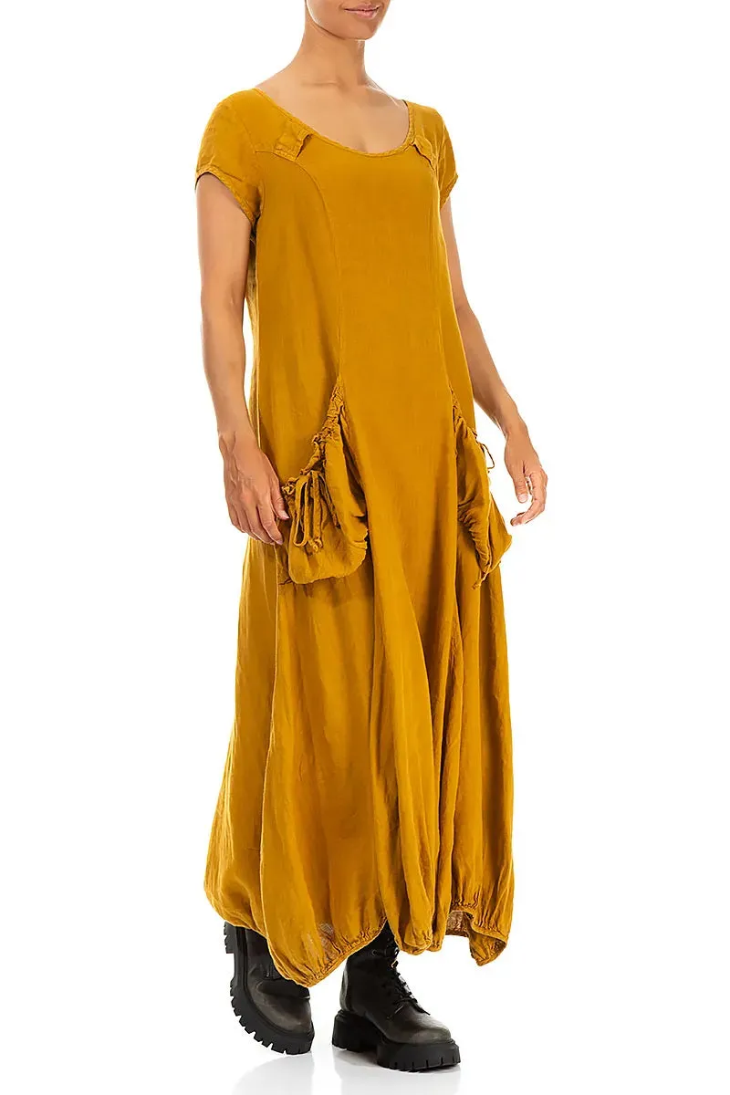 Draped Amber Linen Maxi Dress Windproof Outer Layer Handmade Glow