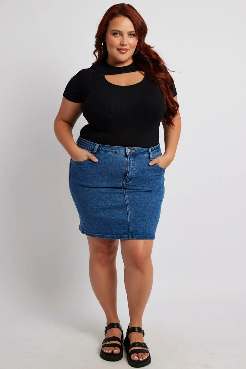 Free Mind Black Bodysuit Cut Out Short Sleeve Crew Neck Seamless
